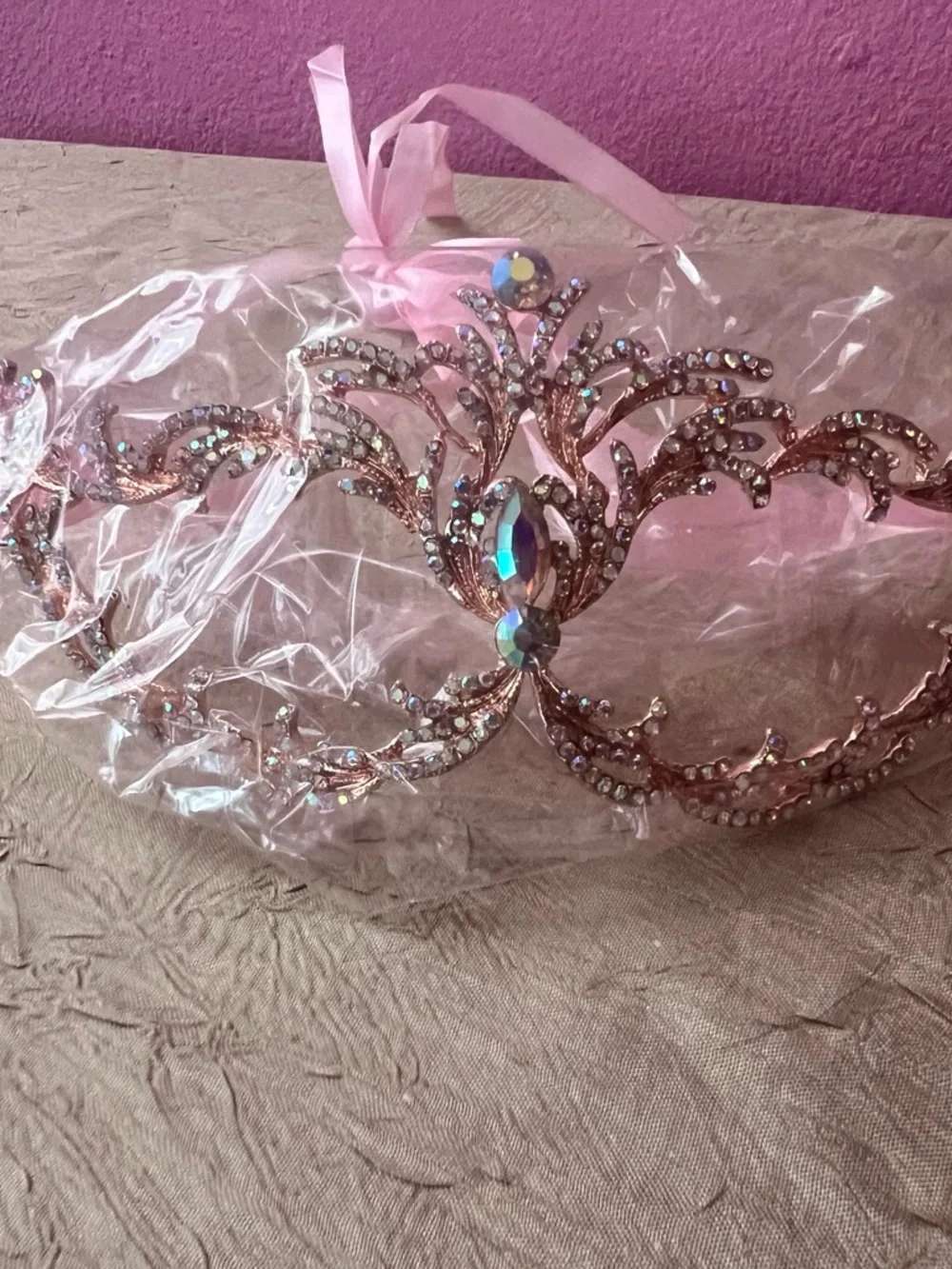 Rose Gold Crystal Venetian Masquerade Mask Rhinestone Filigree Pink Ribbon NWOT